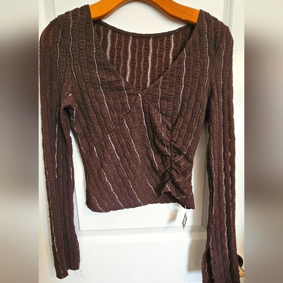 Shein long sleeve brown with silver striped sheer crop top - Picture 1 of 6